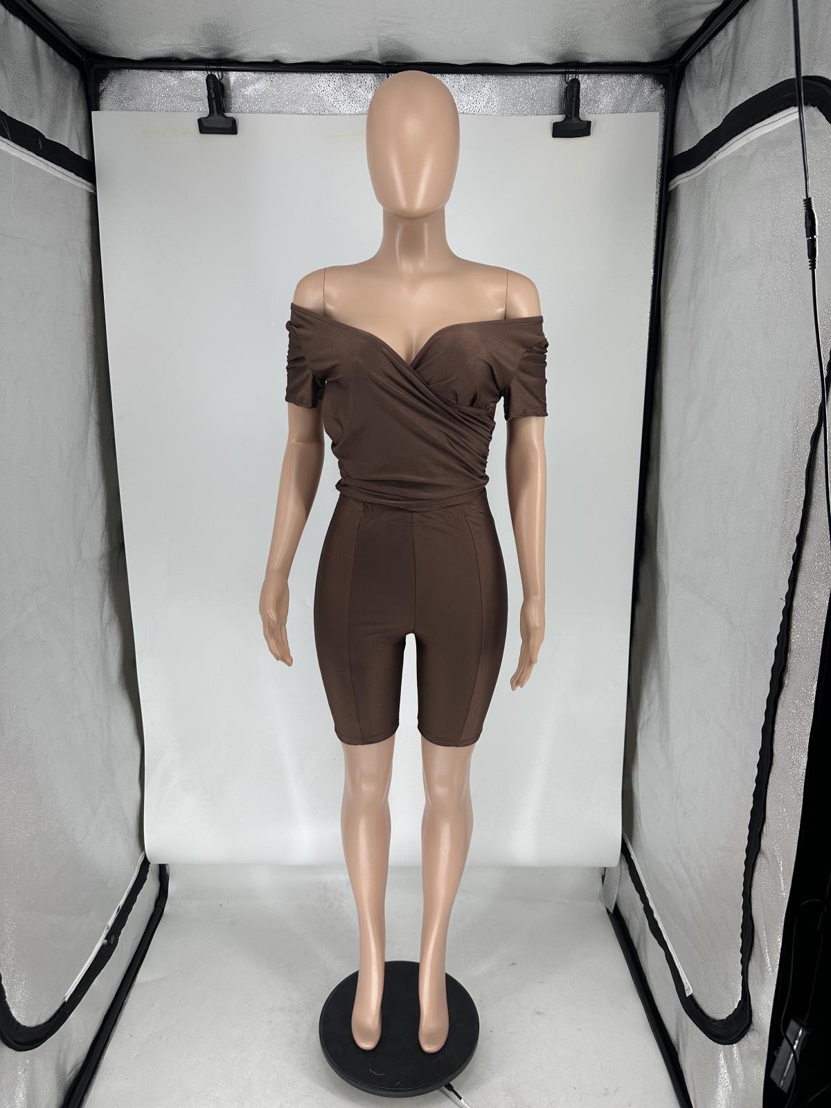 Women's Summer Cross V Neck Short Sleeve Top Elastic Shorts Casual Two Piece Set 17