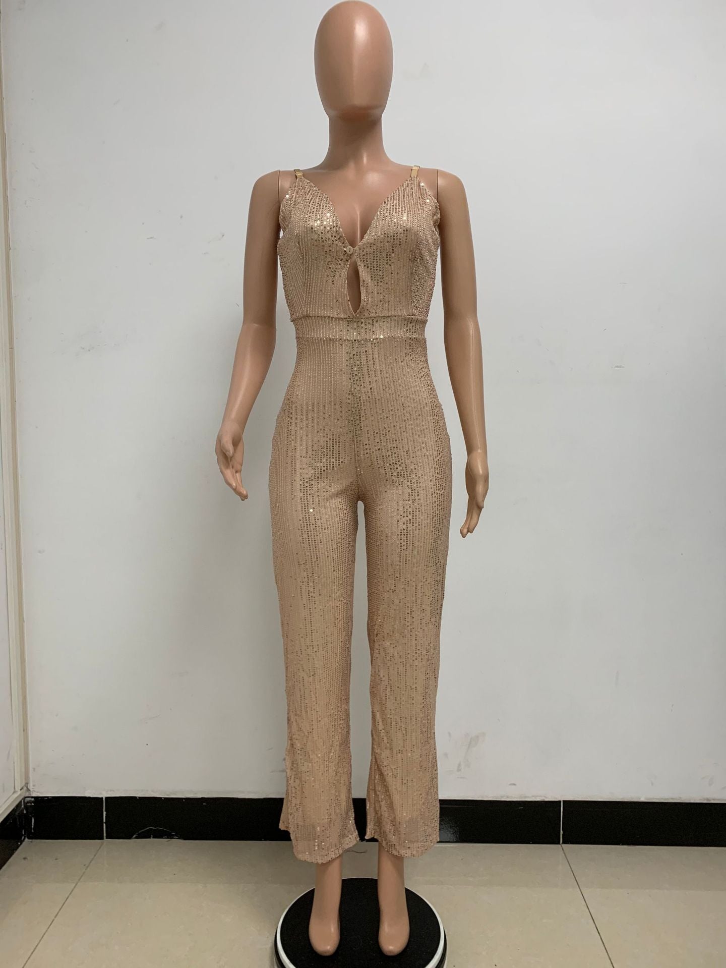 Deep V Neck Low Back Sleeveless Chic Sequined Straps Elegant Women's Party Jumpsuit 46