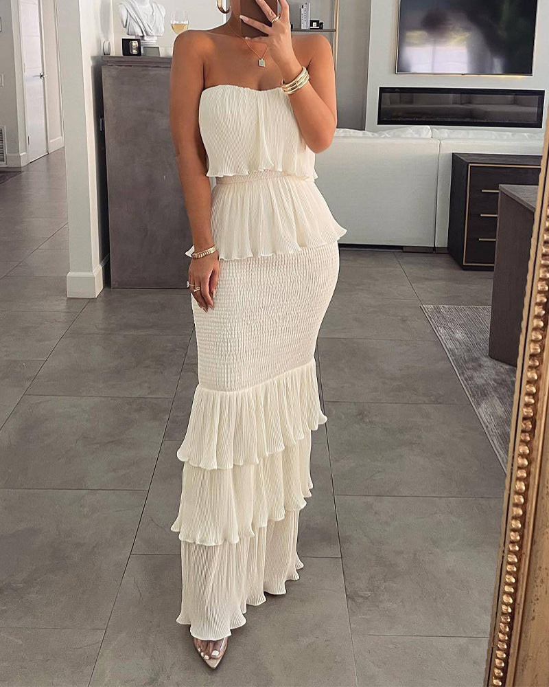 Solid Color Strapless Long Dress 3