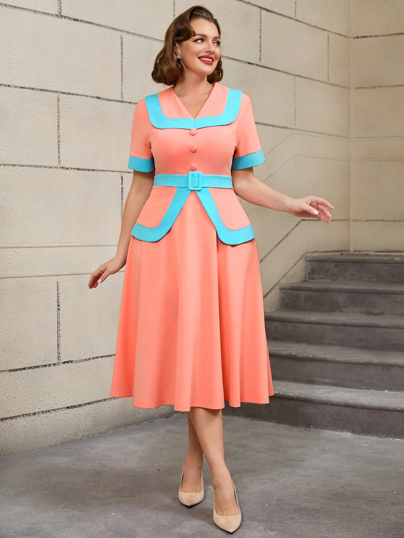 High-Waist Contrast Color A-Line Plus Size Formal Party Cocktail Dress 14