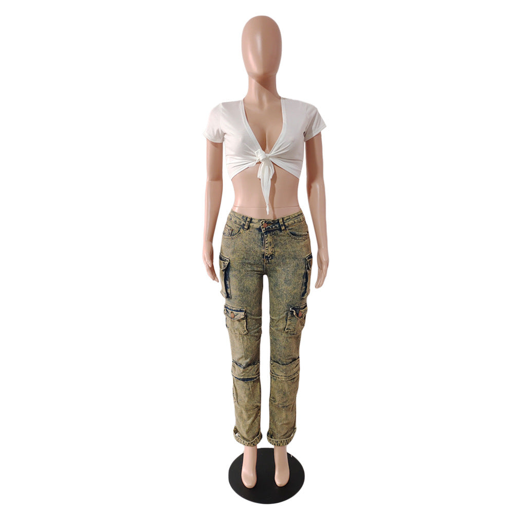 Women's Street Hipster Multi Pocket Cargo Pants Street Wash Distressed Denim Pants 8