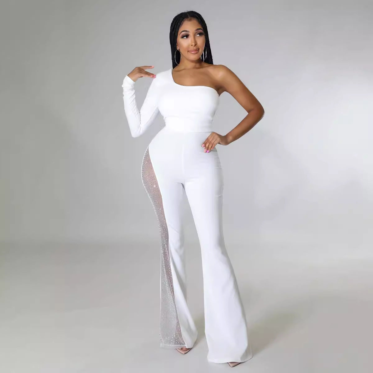 Women's Fashion One-Shoulder Long-Sleeved Mesh Patchwork One-Piece Flared Leg Jumpsuit 6