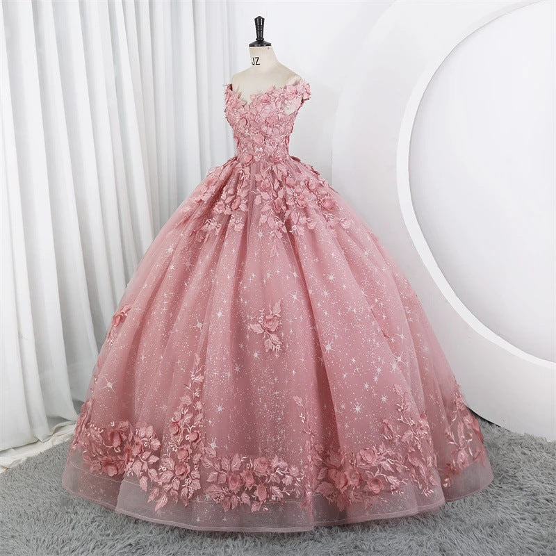 Women Puffy Tulle Embroidered Off-Shoulder Performance Costume Ball Gown 13