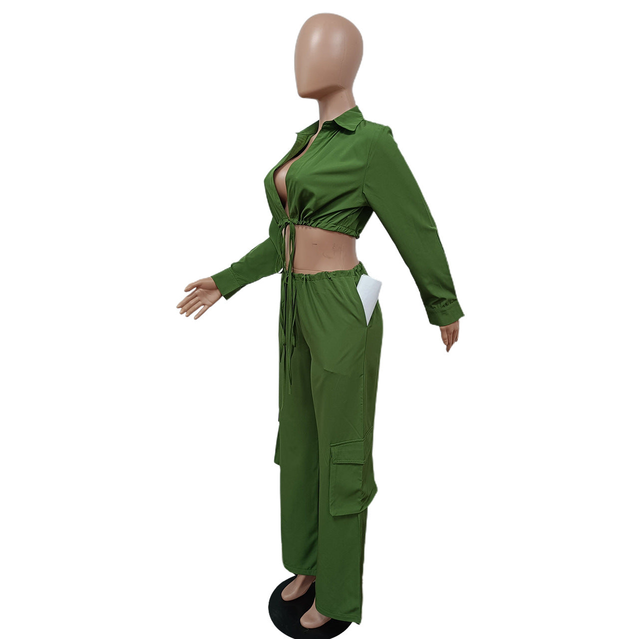 WomenCasual Backless Lace-Up Long Sleeve Top and Pocket Pants Two-Piece Set 14