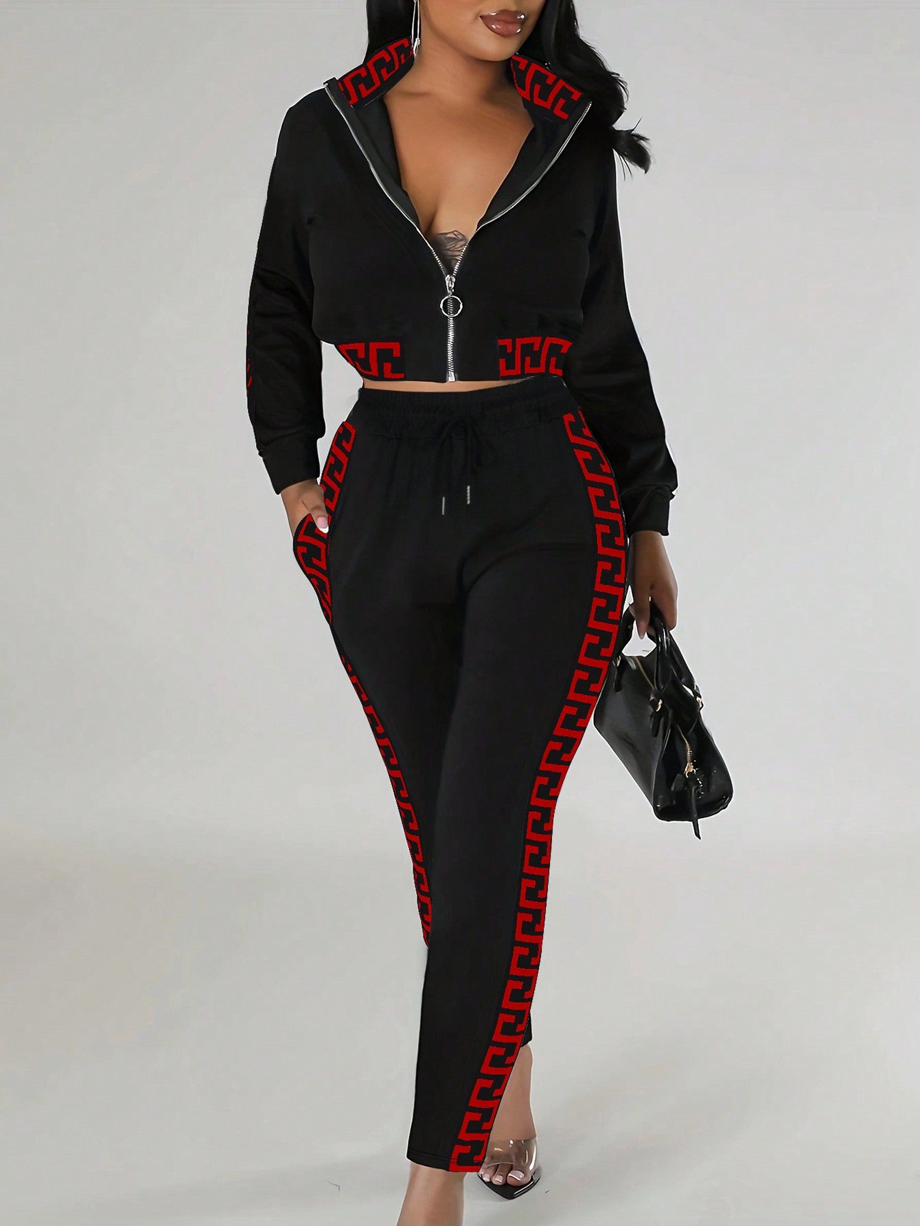 Spring Autumn Fashion Casual Patchwork Zipper Top Trousers Two-Piece Set 9
