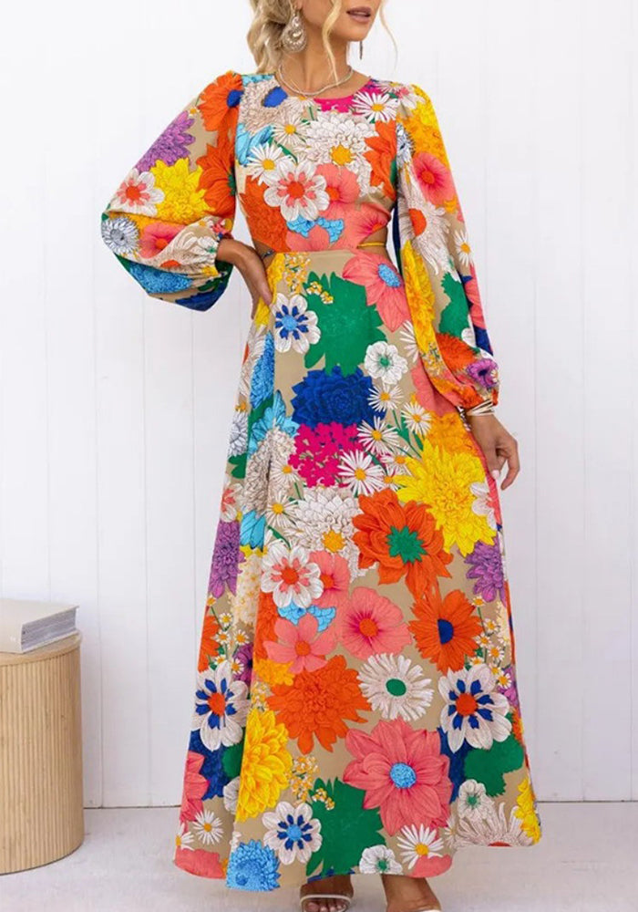 Spring long-sleeved print lace-up Open Waist Holidays street fashion dress for women