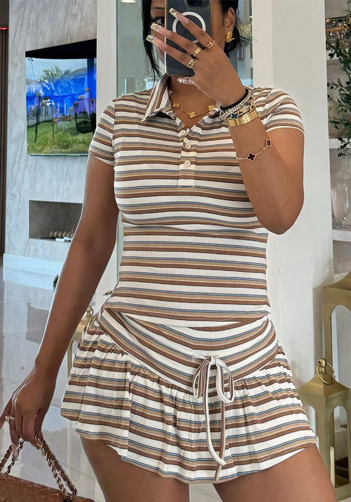 Turndown Collar Short-Sleeved T-Shirt Striped Shorts Women's Two Piece Set