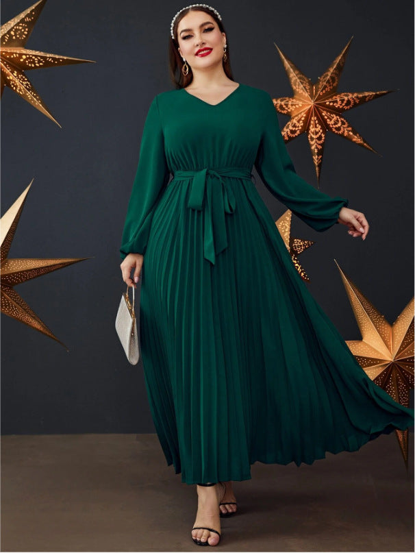 Fashion Solid Color V-Neck Long Sleeve Pleated Plus Size Dress 3