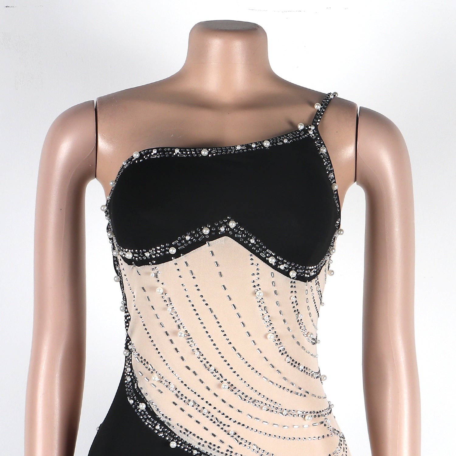 Sexy Pearl Beaded See-Through Mesh Patchwork Long Evening Dress 19