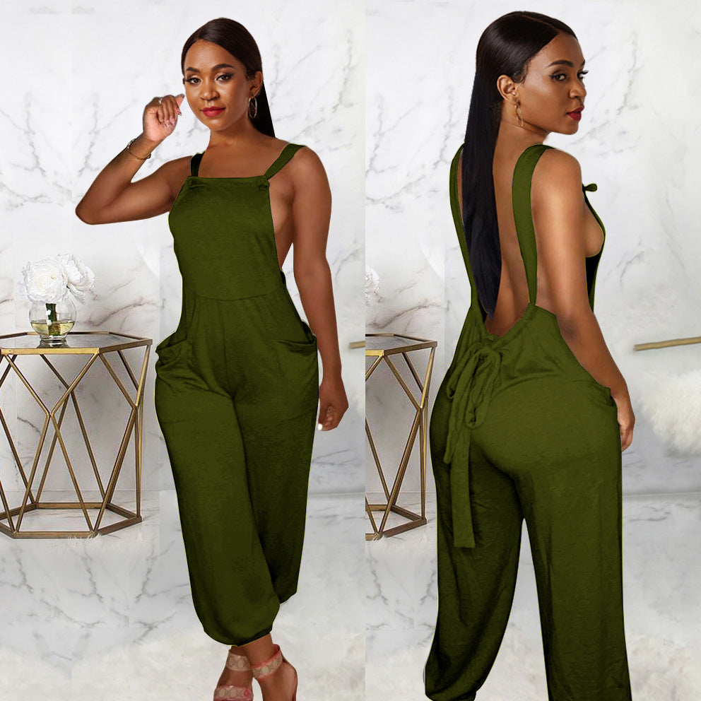 Lace-Up Sexy Women's Gray Low Back Trend Loose Suspenders Jumpsuit 5