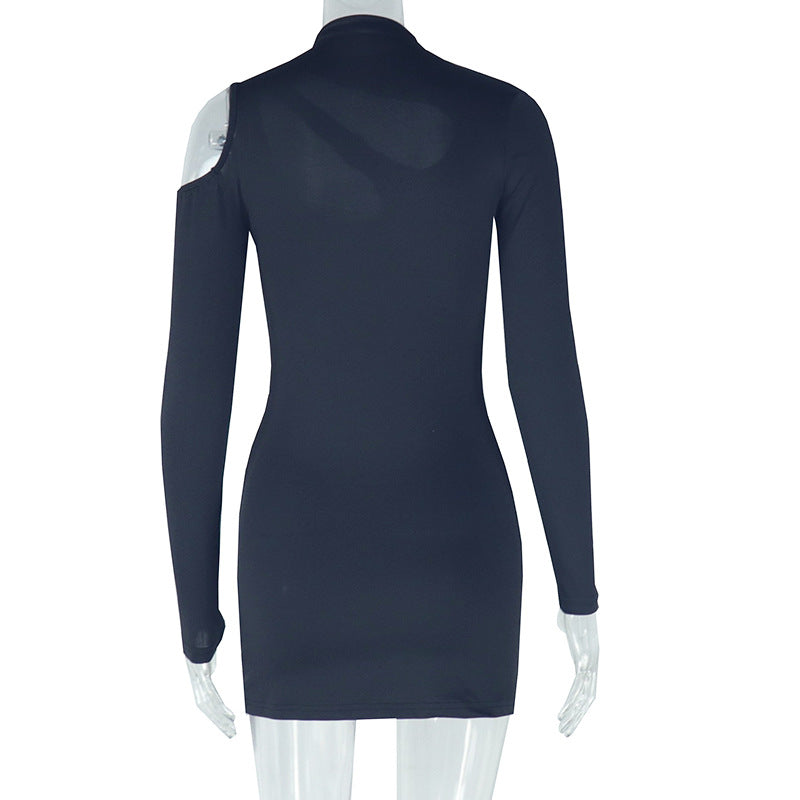 Women's Fashion Sexy Long Sleeve Round Neck Solid Color Tight Fitting Bodycon Short Dress 9