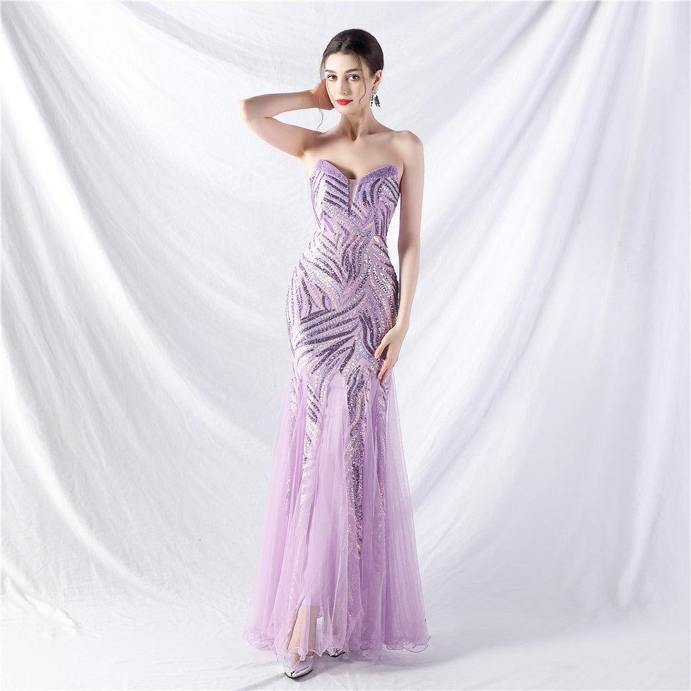Sequin Mesh Patchwork Strapless Mermaid Evening Dress 15