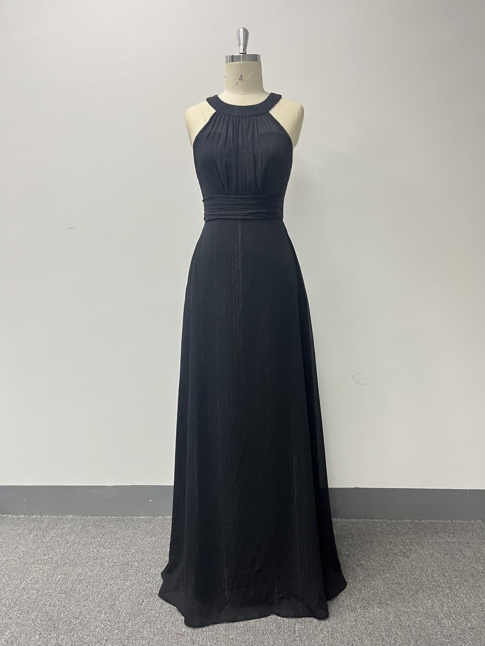 Halter Neck Low Back Pleated Slim Waist Formal Party Black Evening Gown 8