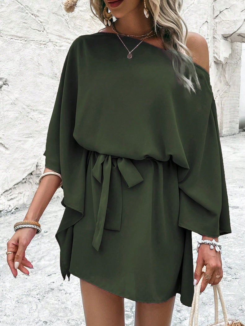 Women Satin Off-shoulder Asymmetrical Dress 10