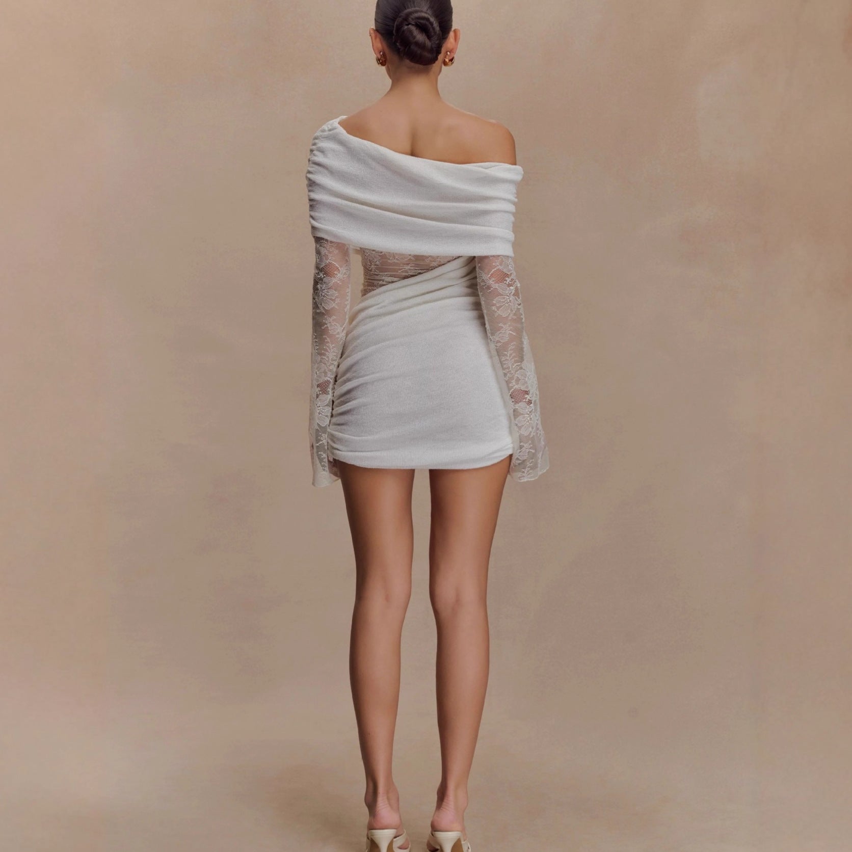 Women's Chic Lace Patchwork Off-Shoulder Knit Short Dress 16