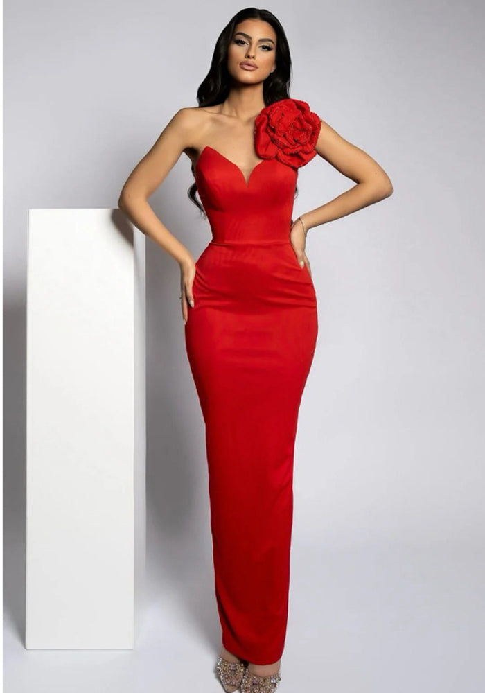 deep v flower slim solid color fashion elegant party dress