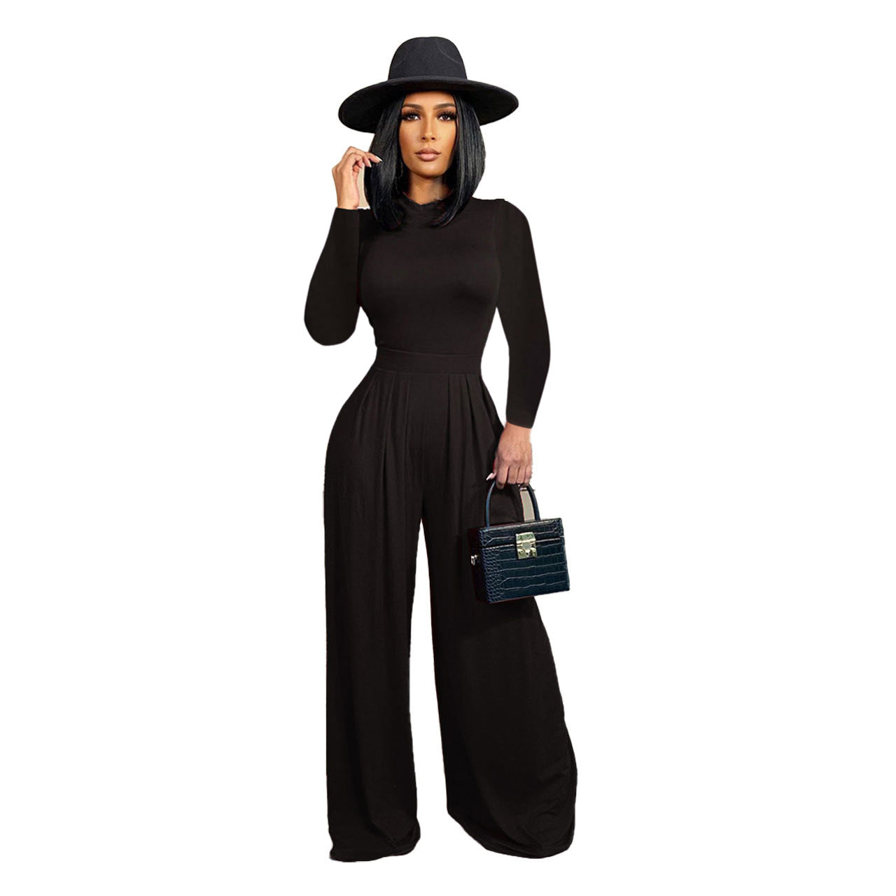 Women'S Fashion Solid Color Long Sleeve Bodysuit + Wide Leg Pants Two Piece Set 3