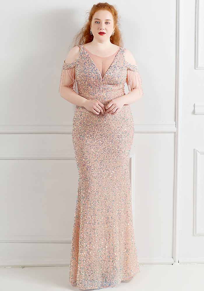 Plus Size Women Sequin Patchwork Fringe Formal Party Evening Dress 8