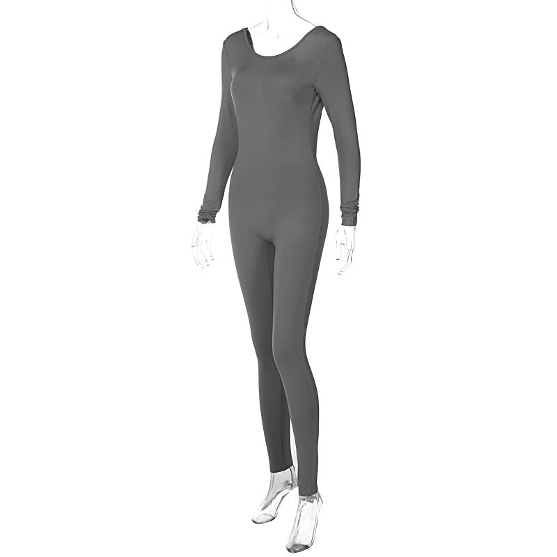Women's Low Back Solid Color Long Sleeve Jumpsuit Fall Slim Sports Basic Overall Pants 26