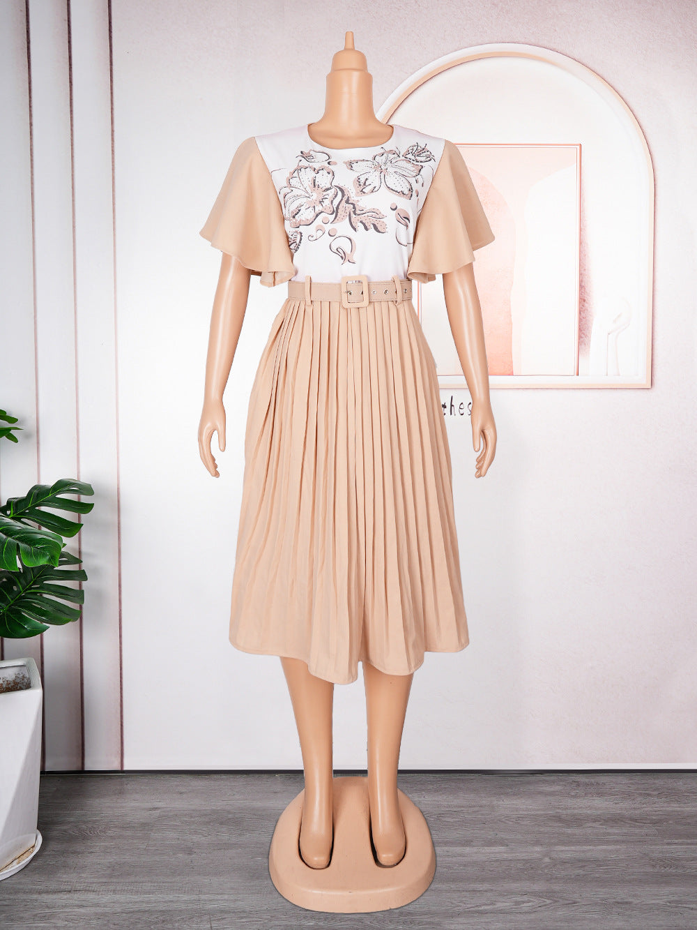 African Women's Printed Mother Of The Bride Dress Plus Size Pleated Dress With Belt 14