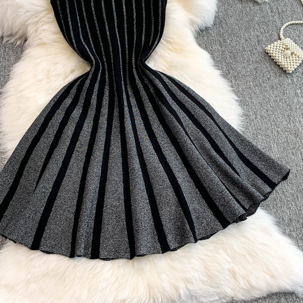 Chic Elegant Stripes Slim Waist Strap Knitting A-line Short Dress for Women 13