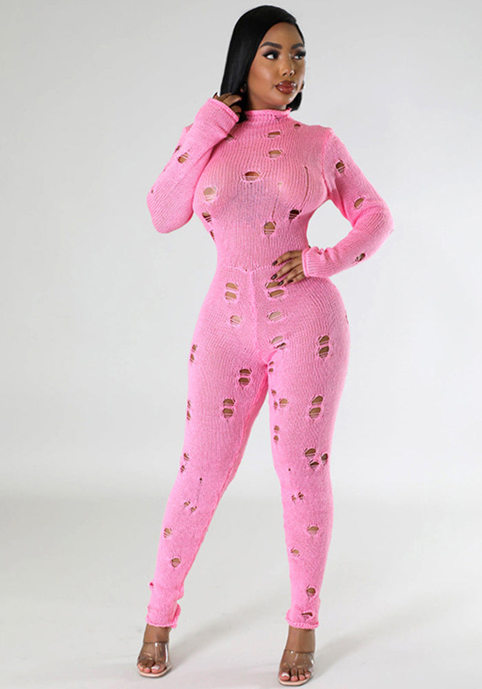 Autumn Winter Women's Fashion Ripped Slim Knitting Jumpsuit