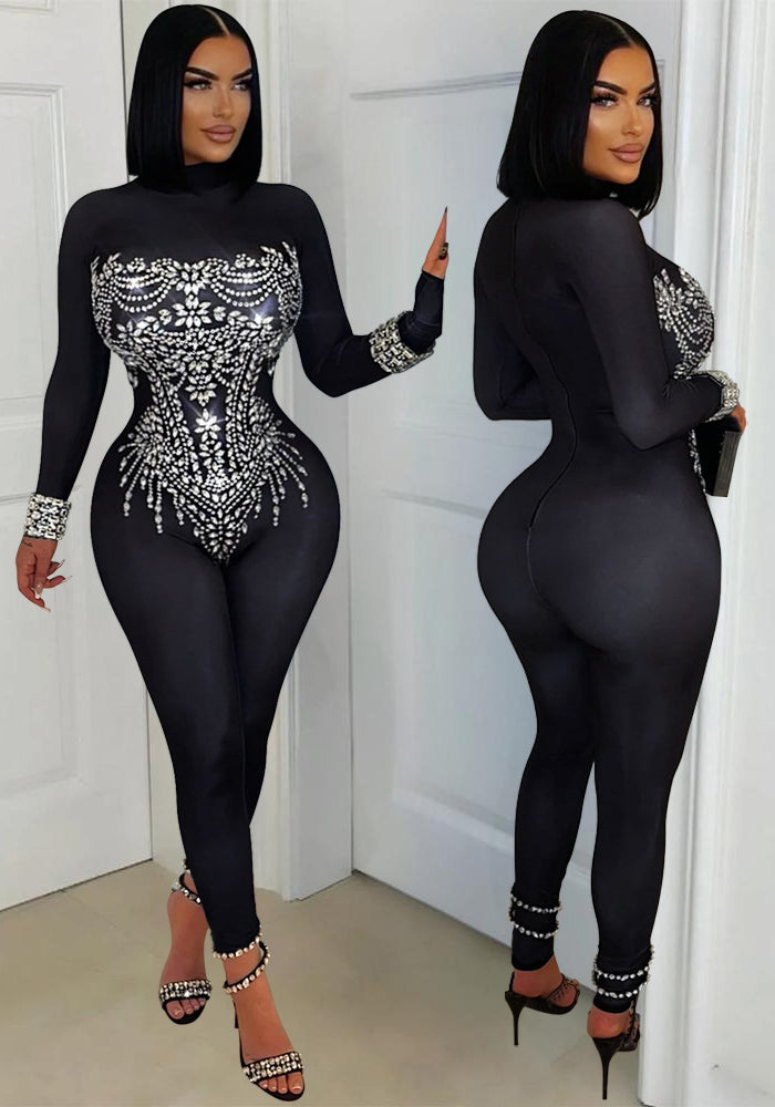Long Sleeve Beaded Tight-Fitting Nightclub Women's Fashion Jumpsuit