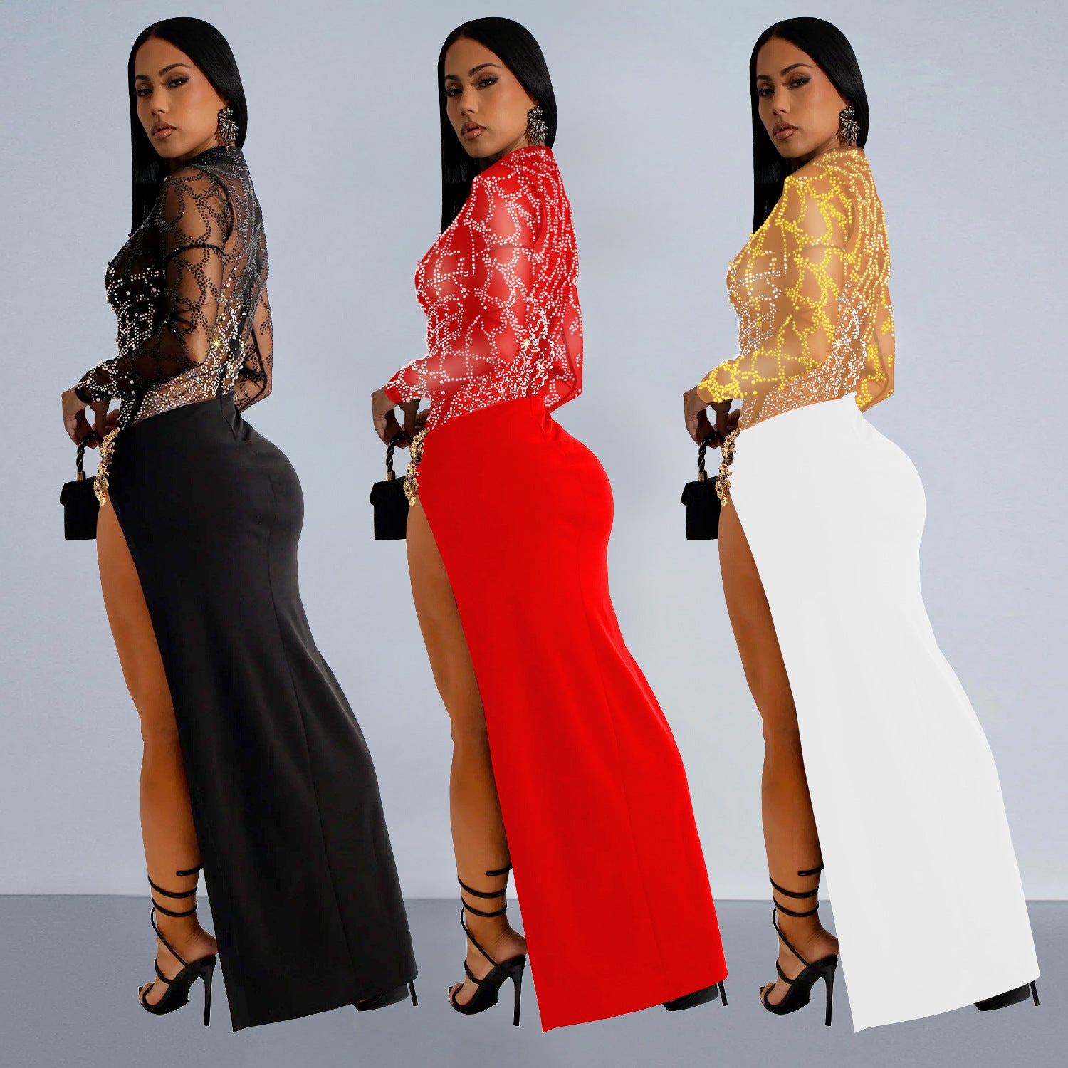 Fashionable Women's Beaded Sexy Hollow Long-Sleeved Slit Dress 5