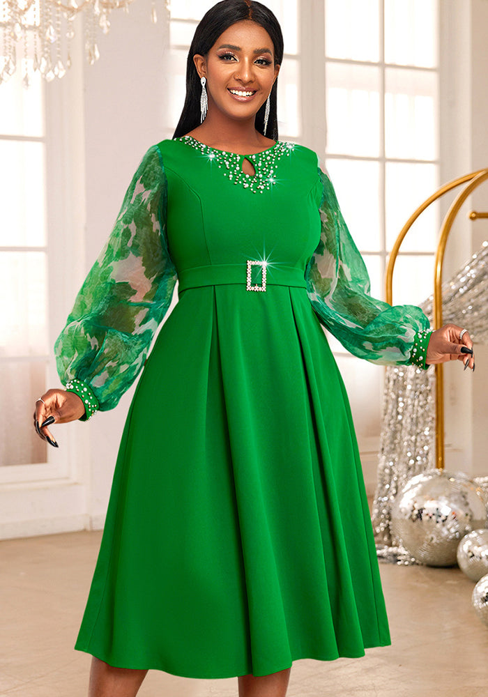 Women Beaded Round Neck Lantern Sleeve Evening Dress