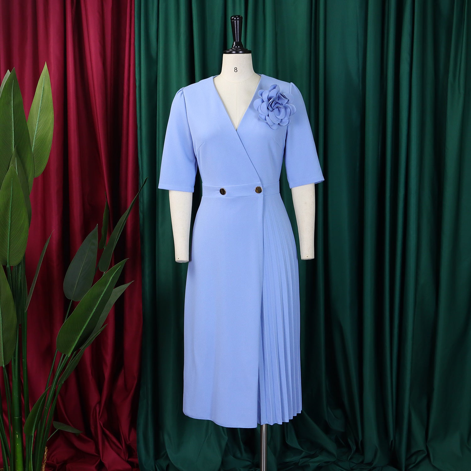 Women's Summer V-Neck Fashion Short Sleeve Solid Color Elegant Pleated African Dress 14