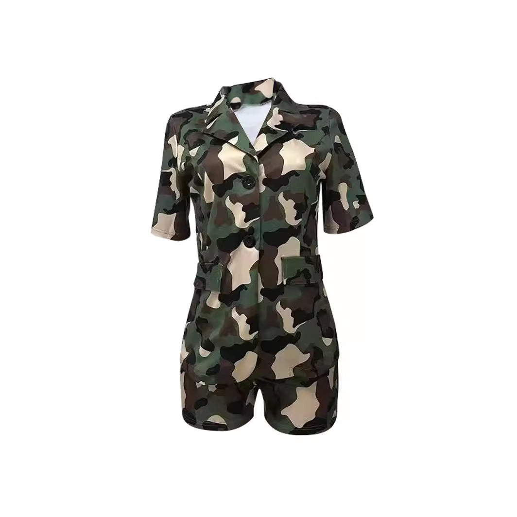 Women popular camouflage printed short-sleeved top and shorts Casual two-piece set 3