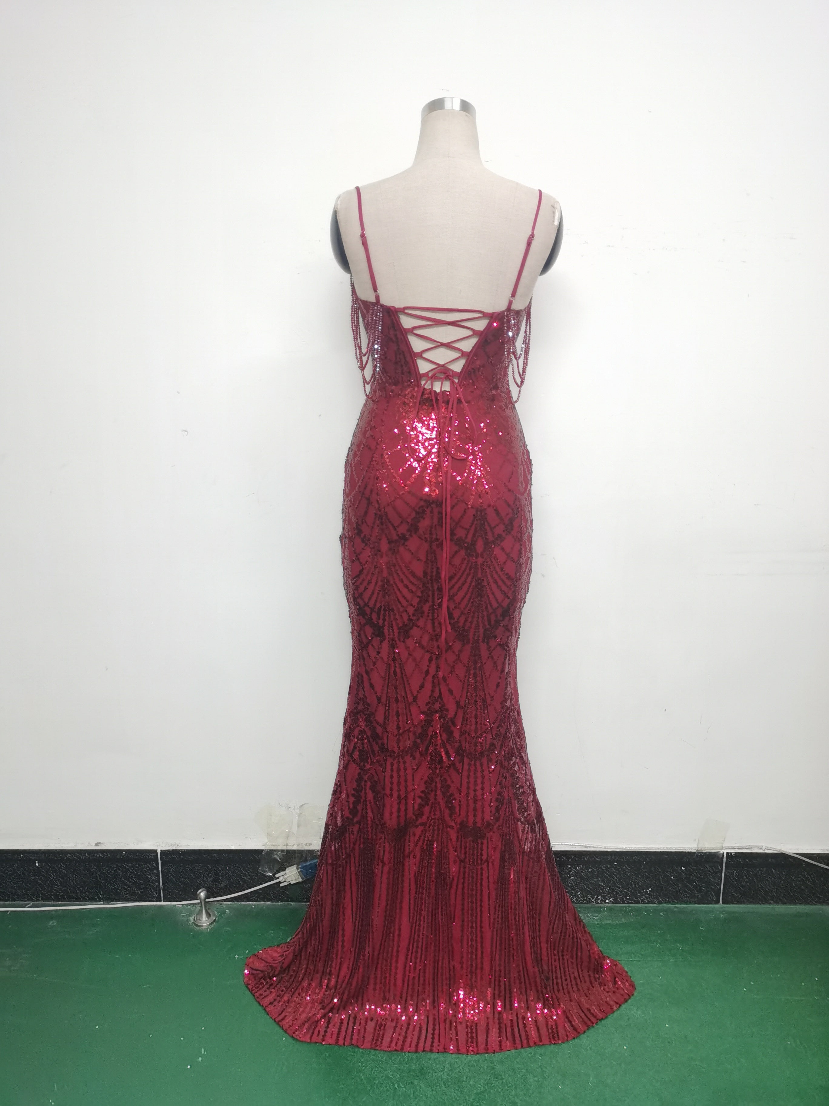 Women beaded sequin fishbone Lace-Up See-Through evening dress 31