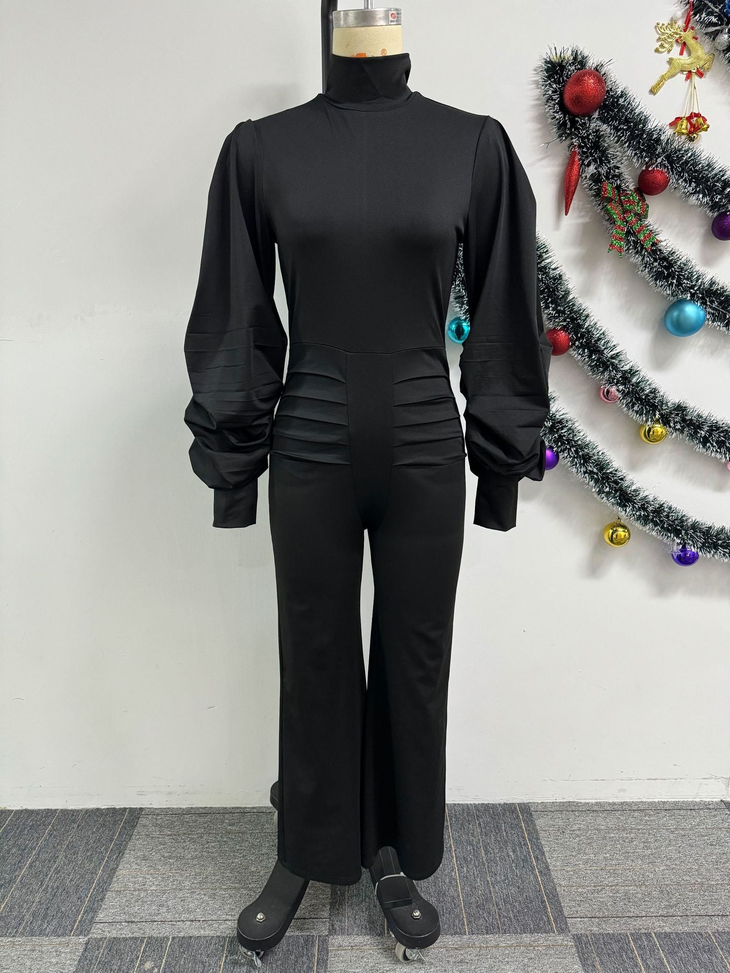 Sexy Pleated Balloon Sleeves Slim Waist Wide-Leg Jumpsuit 9