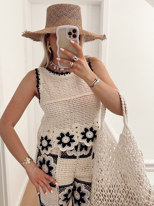 Women Spring Summer Crochet Hollow Flower Round Neck Sleeveless Knitting Top and Square Wide Leg Pants Two-piece Set 3