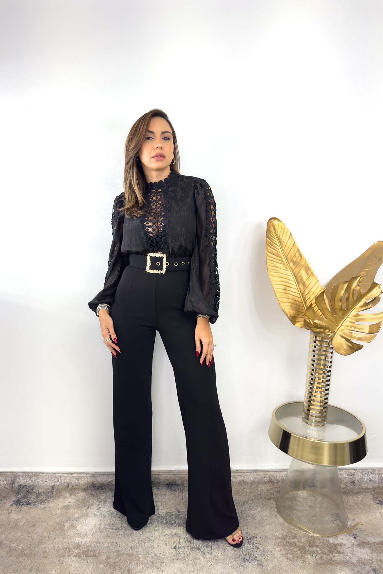 Women Elegant Lace Patchwork Lace-Up Wide-Leg Jumpsuit 19