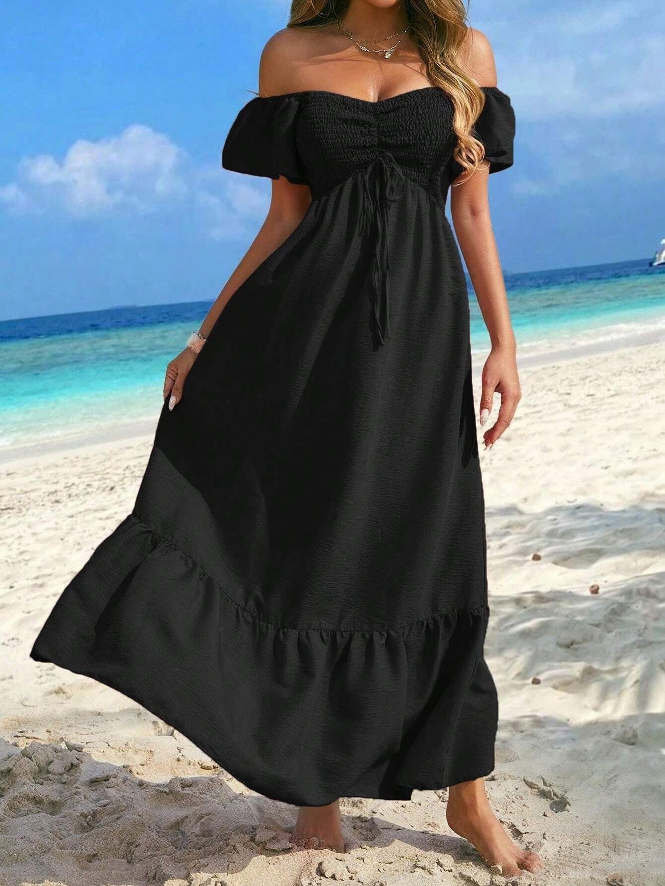 Women Gathered V-Neck Short Sleeve Holidays Dress 6
