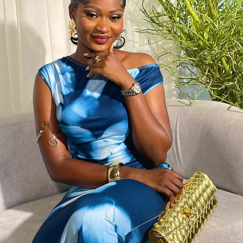 Women Printed Pleated Bodycon Slash Shoulder Asymmetric Dress