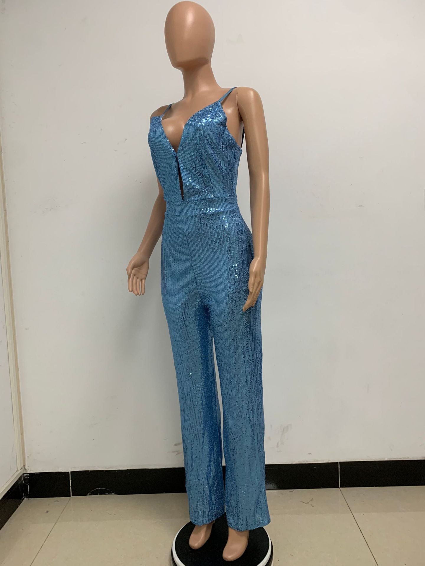 Deep V Neck Low Back Sleeveless Chic Sequined Straps Elegant Women's Party Jumpsuit 108