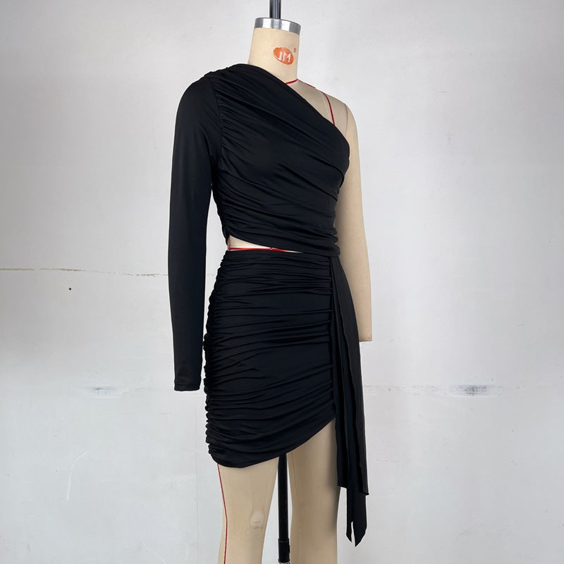 Women Pleated One-shoulder Sleeve Open Waist and Bodycon Skirt Two-piece Set 12
