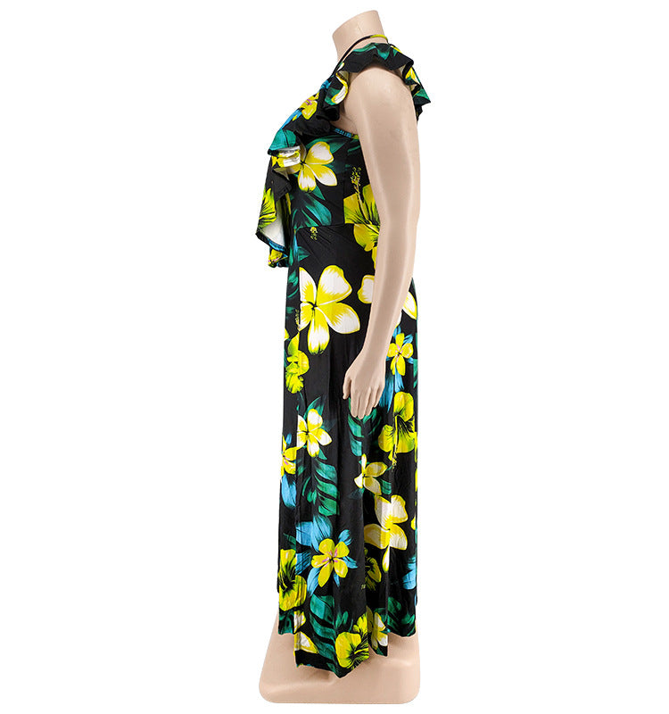 Plus Size Women's Summer Ruffled Collar Floral Print Maxi Dress 10