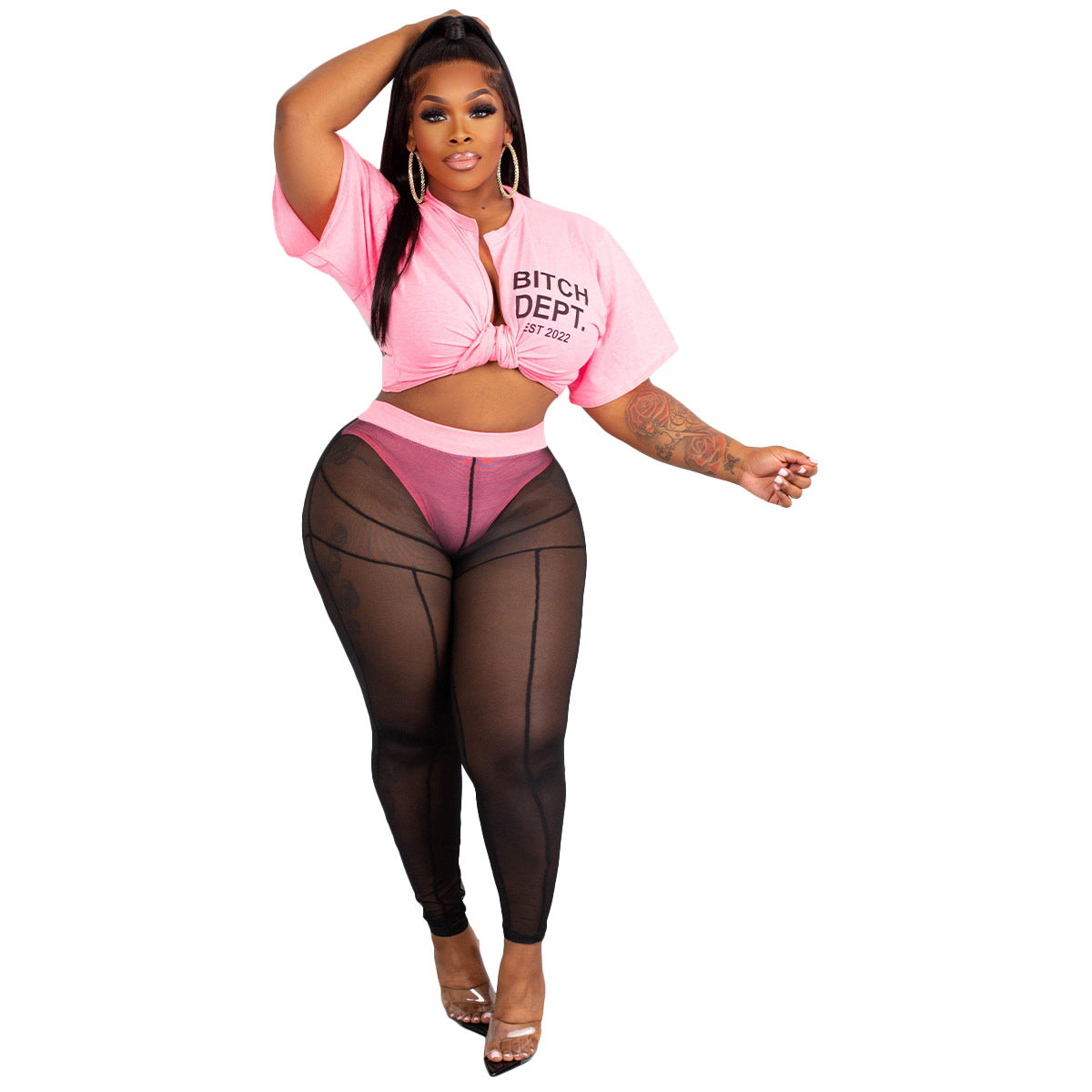 Women Sexy Letter Print Crop Top and Mesh Trousers Lace-Up Two-Piece Set 13