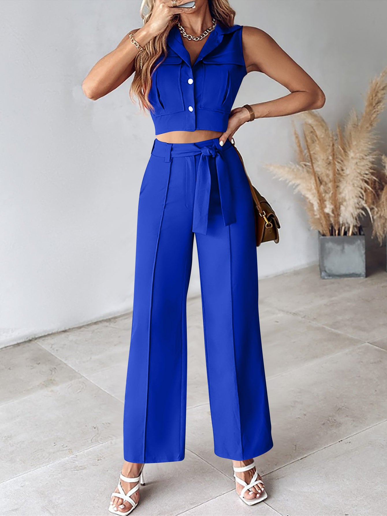 Women Casual Turndown Collar Vest and Pants Two Piece Set 7