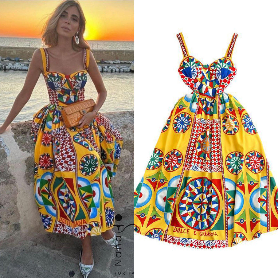 Women Vintage Baroque Strapless Beach Holidays Print Dress 4