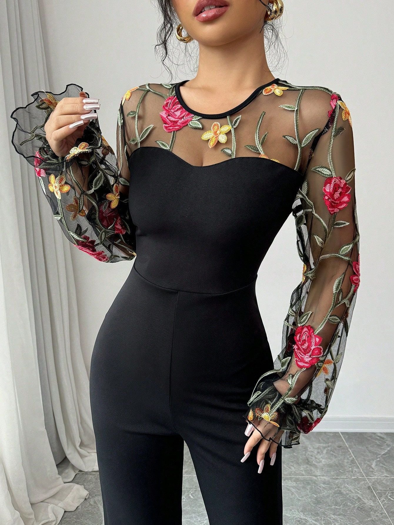 Women's Long Sleeve Embroidered Mesh Patchwork Slim Waist Jumpsuit 6