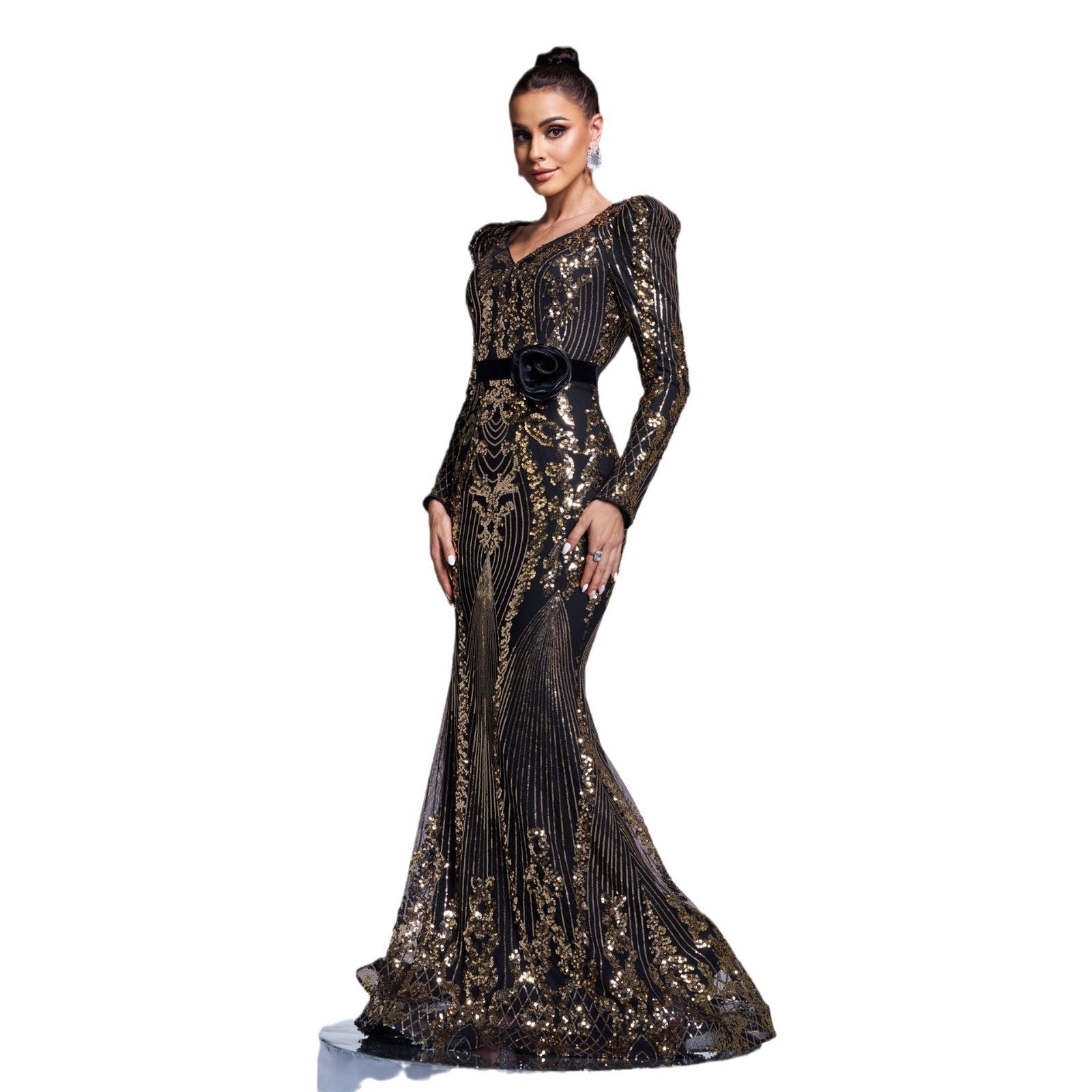 Women long-sleeved V-neck Bodycon Formal Party sequin fishtail evening dress 6