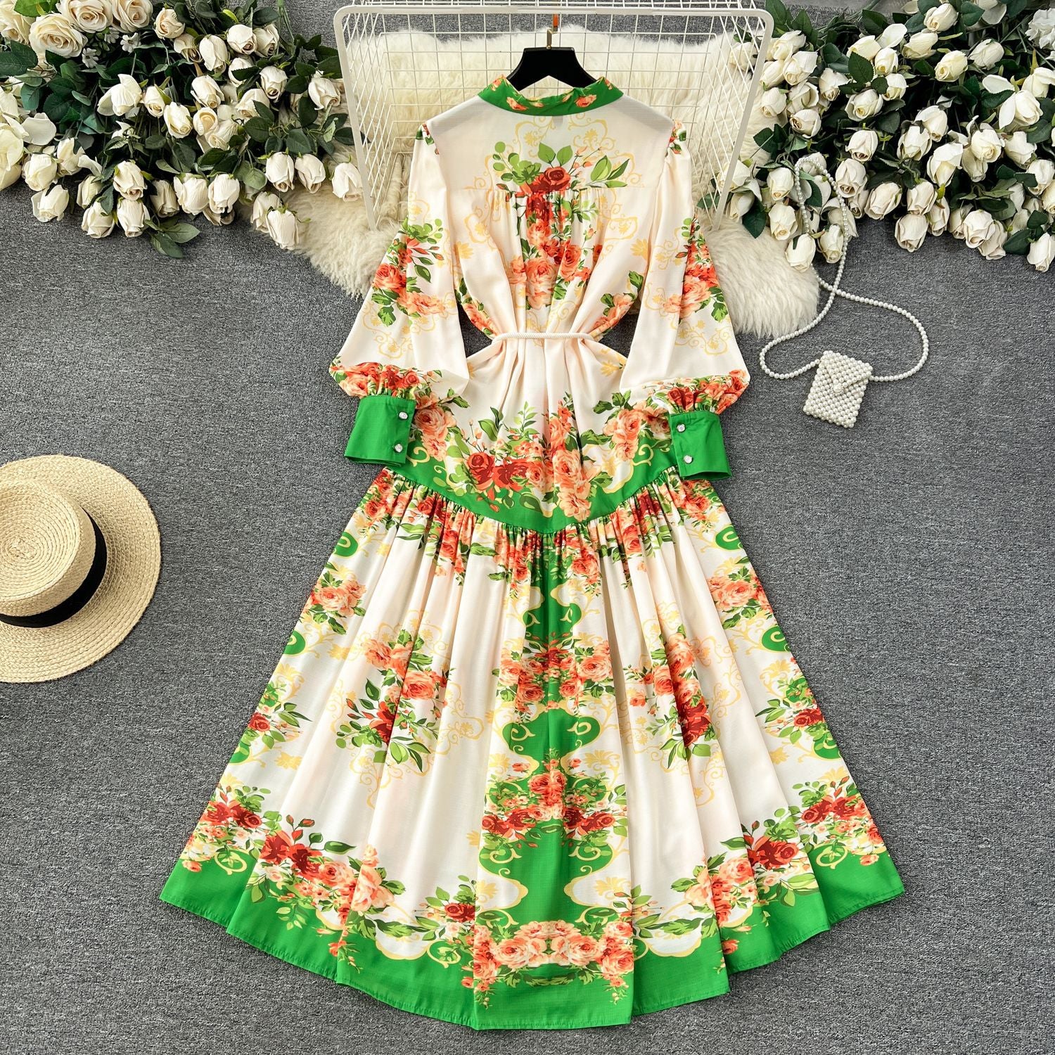 Women French retro print color matching shirt dress 9