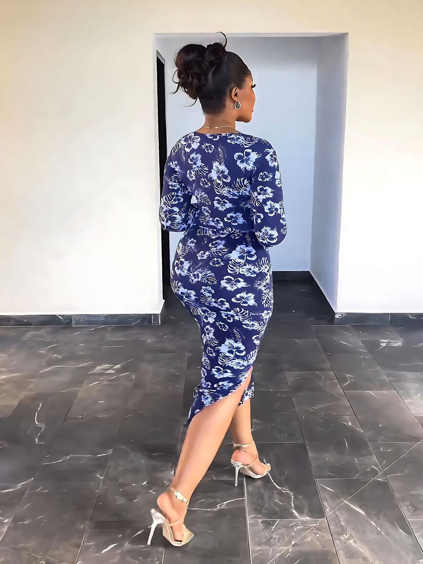 Chic Long Sleeve Printed Midi Dress Foral High Waist Side Slit Slim Fit Women's Dress 4