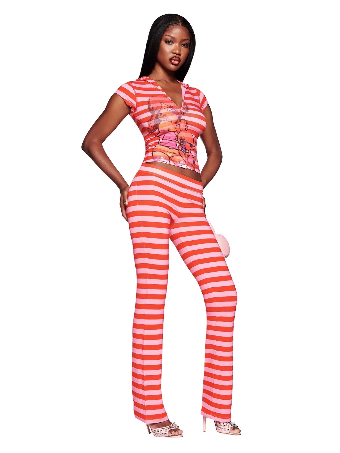 Women Printed Casual Striped Hooded Zipper Jacket and Pants Two-Piece Set 6