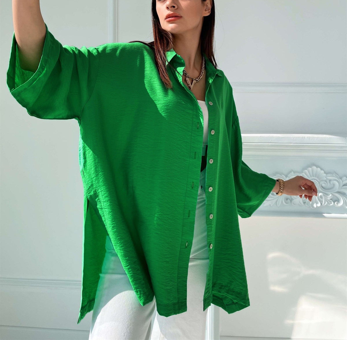 Shirt Women's Loose Bell Bottom Sleeve Spring Summer Comfortable Casual Solid Color Slit Shirt 9