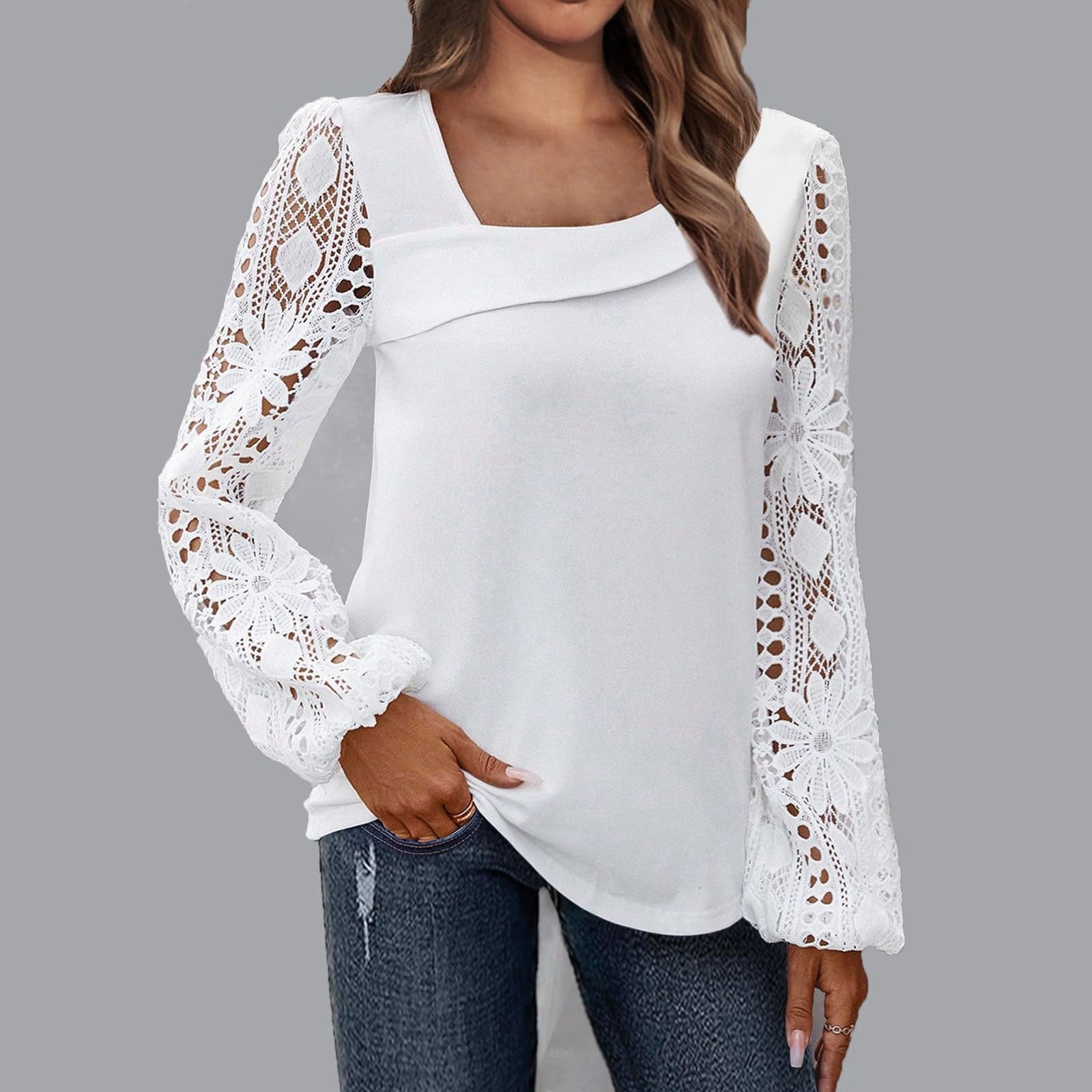 Women's Spring And Autumn Fashionable Elegant Lace Patchwork Knitting Shirt Top 3